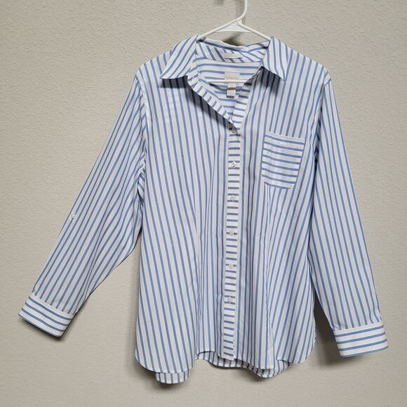 Chicos Button Down Shirt Womens XL 16 Chicos 3 Blue White Striped Casual Classic - Picture 1 of 10
